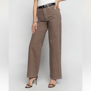 Cowboy High Rise Wide Leg Jeans - Cacao Brown with Contrasting Stitching